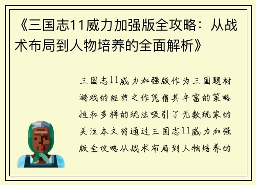 《三国志11威力加强版全攻略：从战术布局到人物培养的全面解析》